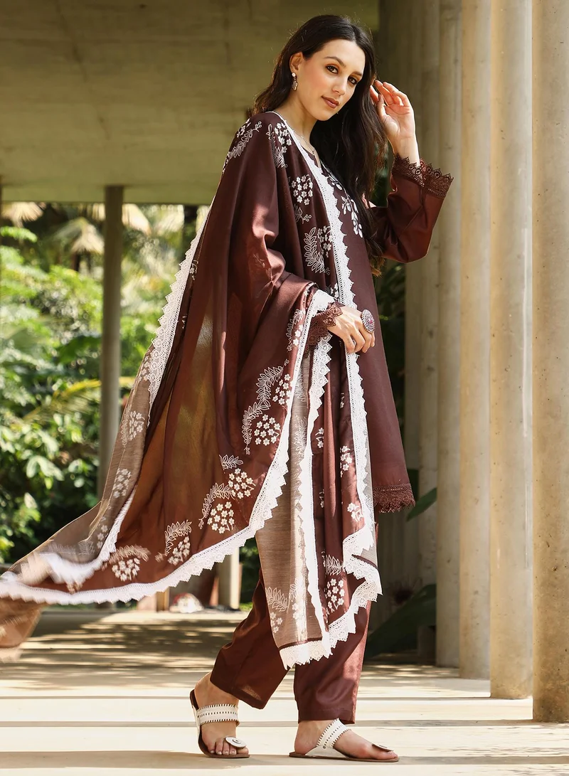 Qissa  Women's Chocolate Brown Flora-Block Kurta Set for Women | Best Price UAE