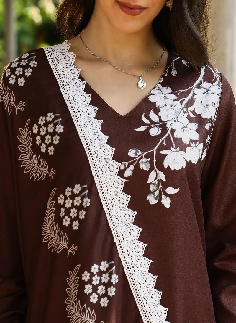 Qissa  Women's Chocolate Brown Flora-Block Kurta Set for Women | Best Price UAE