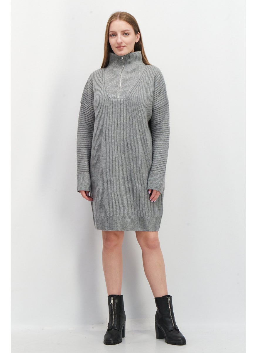 French Connection Women Half Zip Knitted Sweater Dress, Grey  - Image 1