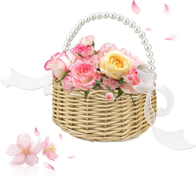 OXDFK Flower Girl Basket, Wedding Flowers Basket, Large Wicker Flower Girl Basket with Pearl Handle and Ribbon Bow, Handwoven Wicker Flowers Baskets for Outdoor Picnic, Home Wedding Decor, Photo Props - Image 1