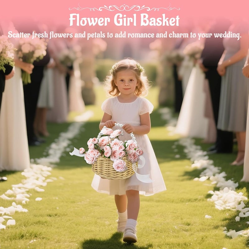OXDFK Flower Girl Basket, Wedding Flowers Basket, Large Wicker Flower Girl Basket with Pearl Handle and Ribbon Bow, Handwoven Wicker Flowers Baskets for Outdoor Picnic, Home Wedding Decor, Photo Props - Image 5