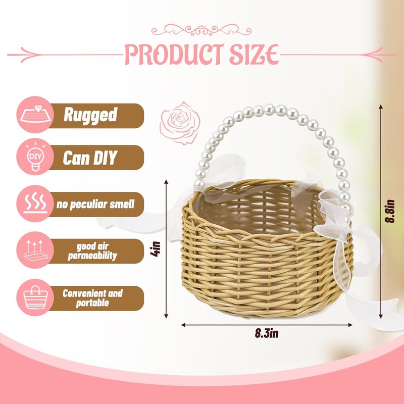 OXDFK Flower Girl Basket, Wedding Flowers Basket, Large Wicker Flower Girl Basket with Pearl Handle and Ribbon Bow, Handwoven Wicker Flowers Baskets for Outdoor Picnic, Home Wedding Decor, Photo Props - Image 2