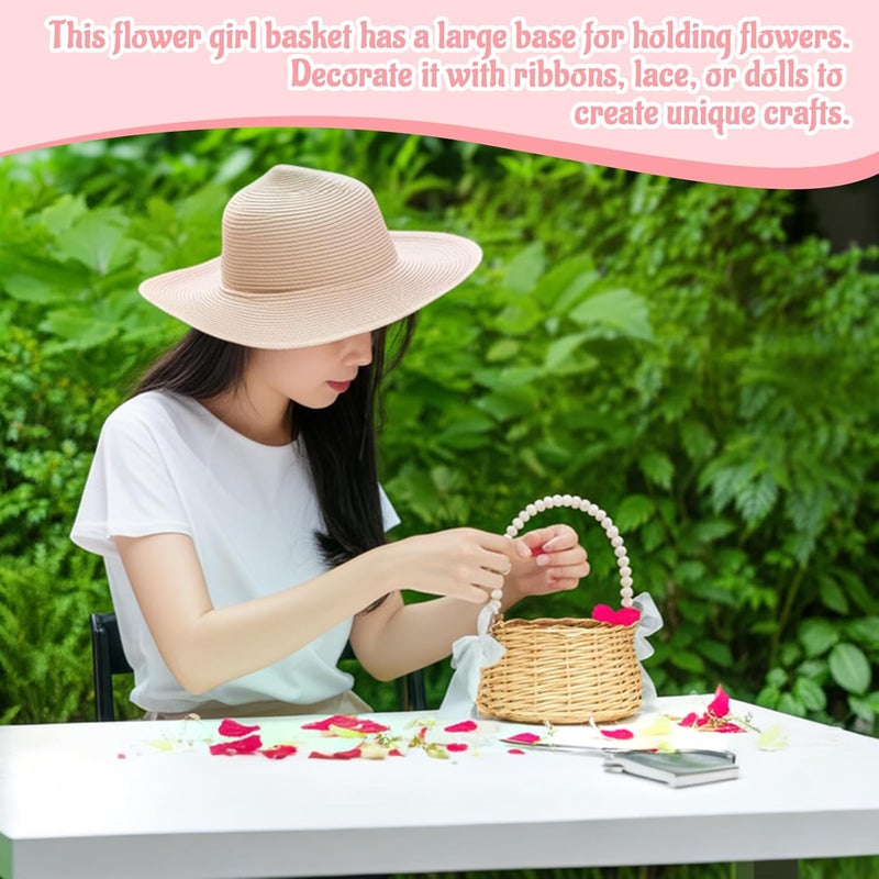 OXDFK Flower Girl Basket, Wedding Flowers Basket, Large Wicker Flower Girl Basket with Pearl Handle and Ribbon Bow, Handwoven Wicker Flowers Baskets for Outdoor Picnic, Home Wedding Decor, Photo Props - Image 4