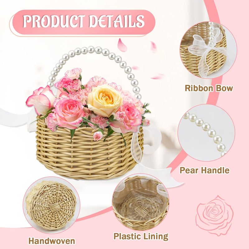 OXDFK Flower Girl Basket, Wedding Flowers Basket, Large Wicker Flower Girl Basket with Pearl Handle and Ribbon Bow, Handwoven Wicker Flowers Baskets for Outdoor Picnic, Home Wedding Decor, Photo Props - Image 3