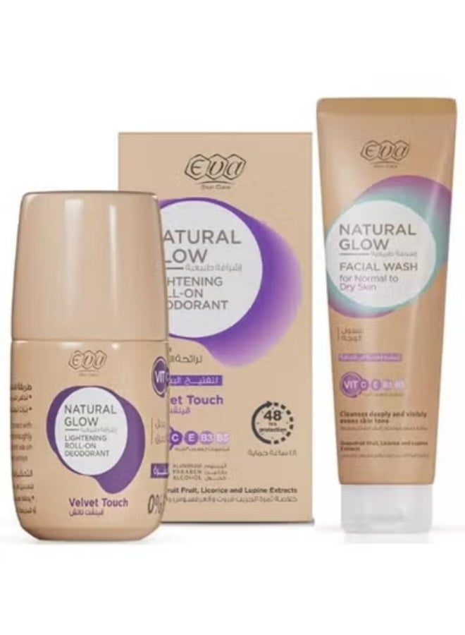 إيفا سكين كير ﺇشراقة طبيعية غسول الوجه للبشرة العادية إلى الجافة 100 مل + سكين كير اشراقه طبيعيه رول اون مزيل لرائحه العرق لتفتيح البشره ڤيلڤت تاتش 60 جرام - Image 1