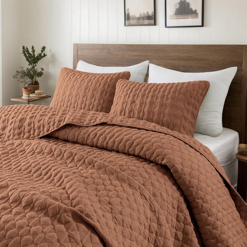WDCOZY Burnt Orange Quilt King Size Bedding Sets with 2 Pillow Shams, Red Lightweight Soft Bedspread Coverlet, Quilted Blanket Thin Comforter Bed Cover for All Season, 3 Pieces, 104x90 inches - Image 1