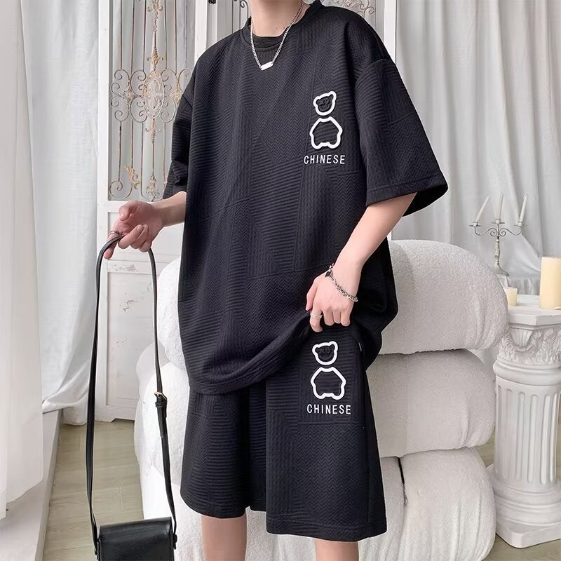 Summer Fat Bear T-Shirt Suit Fashion Brand Loose Short-Sleeved Shorts Basketball Clothes Set Waffle Sports Suit - Image 3