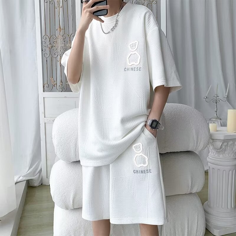 Summer Fat Bear T-Shirt Suit Fashion Brand Loose Short-Sleeved Shorts Basketball Clothes Set Waffle Sports Suit - Image 1