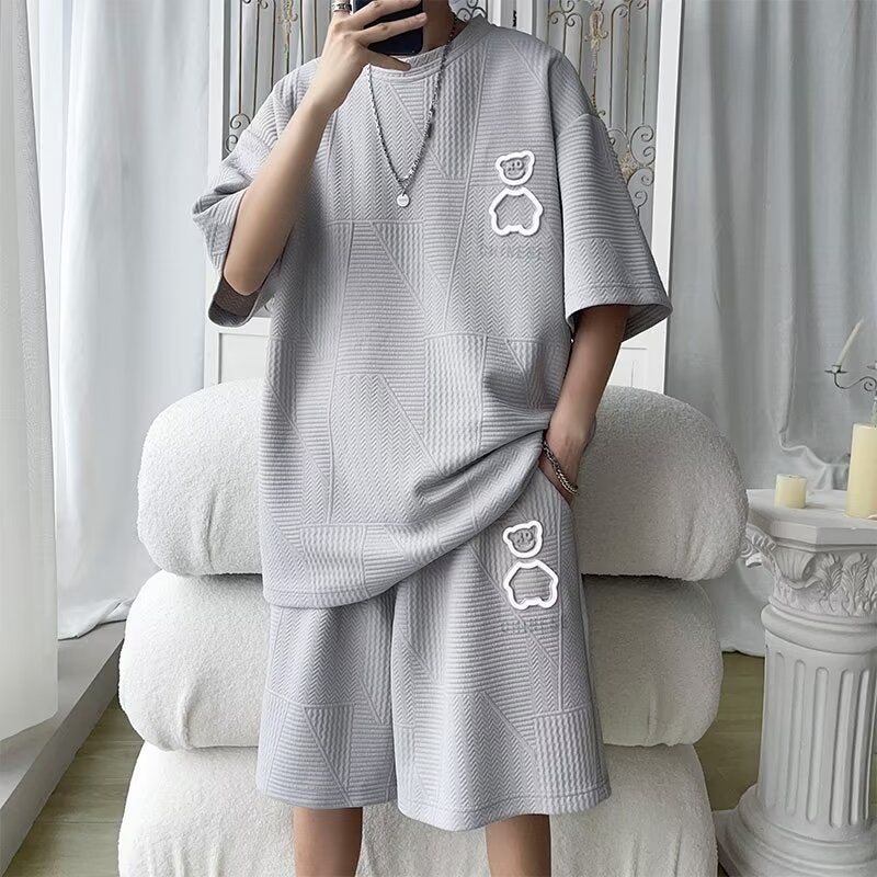 Summer Fat Bear T-Shirt Suit Fashion Brand Loose Short-Sleeved Shorts Basketball Clothes Set Waffle Sports Suit - Image 4