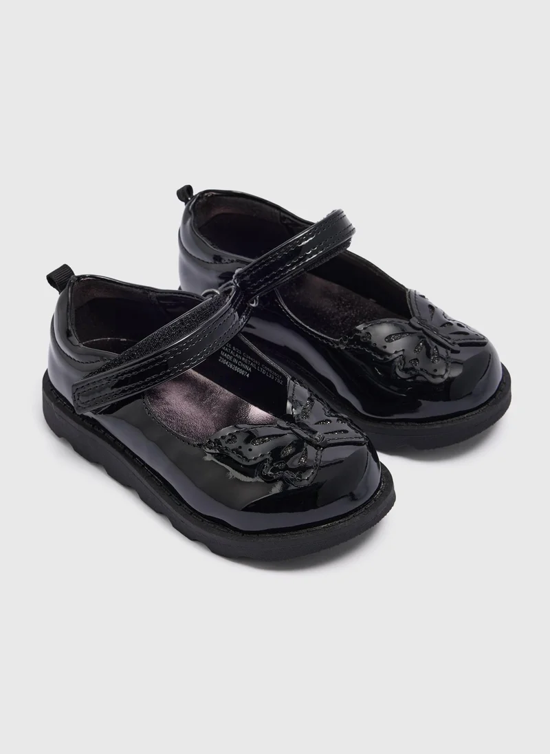 ماتلان Girls Black Butterfly Patent School Shoes