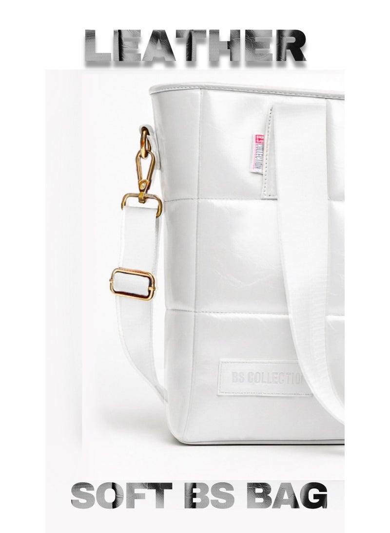 B.S COLLECTION Soft Leather B.S bag tote bag and shoulder bag for girls - White - Image 3