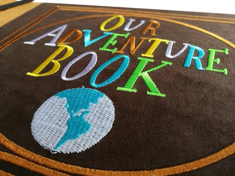 LINKEDWIN Our Adventure Book, Suede Cover Embroidered Scrapbook with Pixar Up Themed Postcards, Wedding and Anniversary Photo Album, Memory Keepsake, 11.6 x 7.5 inches, 80 Pages - Image 3