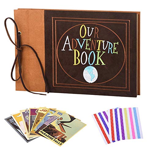 LINKEDWIN Our Adventure Book, Suede Cover Embroidered Scrapbook with Pixar Up Themed Postcards, Wedding and Anniversary Photo Album, Memory Keepsake, 11.6 x 7.5 inches, 80 Pages - Image 5