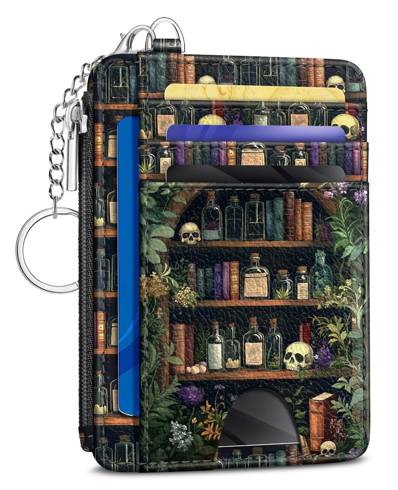 Kelvoris Goth Bookshelf Skull Credit Card Holder Small Wallet Women, Gothic Witchy Slim RFID Blocking Wallet Woman Keychain Zipper Coin Pocket, Front Pocket Thin Travel Card Case ID Window Ladies Gift - Image 1