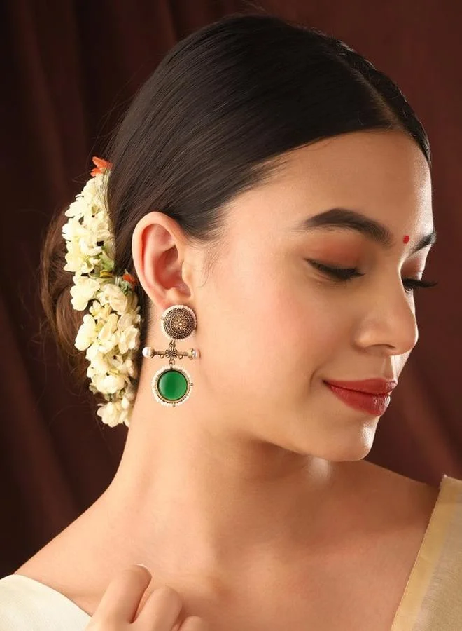 Priyaasi Elegant Women Green Brass Earrings with pattern and secured with Post and Back closure and styled in ideal for Ethnic moments — designed to make heads turn.