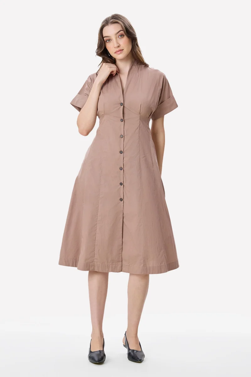 فيرجيو Solid Cotton Pleat Detail Midi Dress for Women