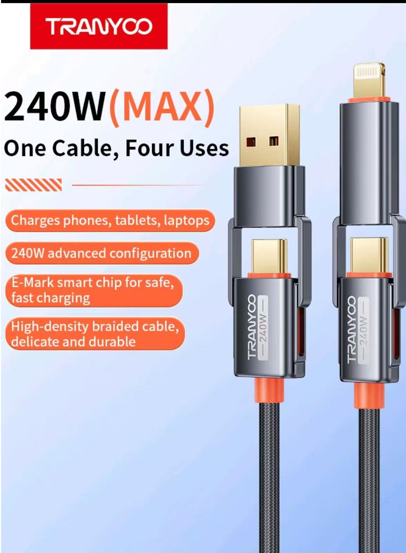 TRANYOO TRANYOO 4 in 1 USB C to USB C Fast Charging Cable (240W) with Built-in USB A and Lightning Connector (240W), Flat and Fast Charging Cable - Image 1
