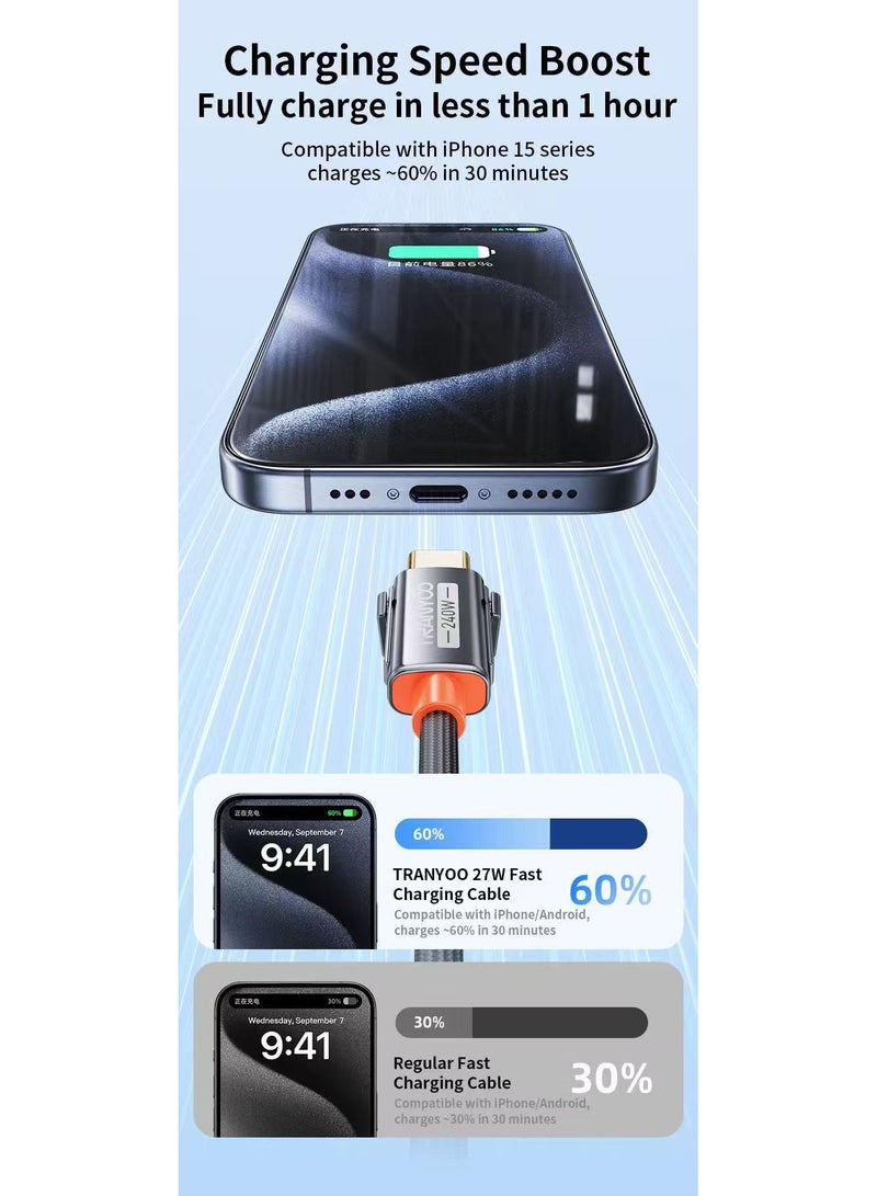 TRANYOO TRANYOO 4 in 1 USB C to USB C Fast Charging Cable (240W) with Built-in USB A and Lightning Connector (240W), Flat and Fast Charging Cable - Image 4