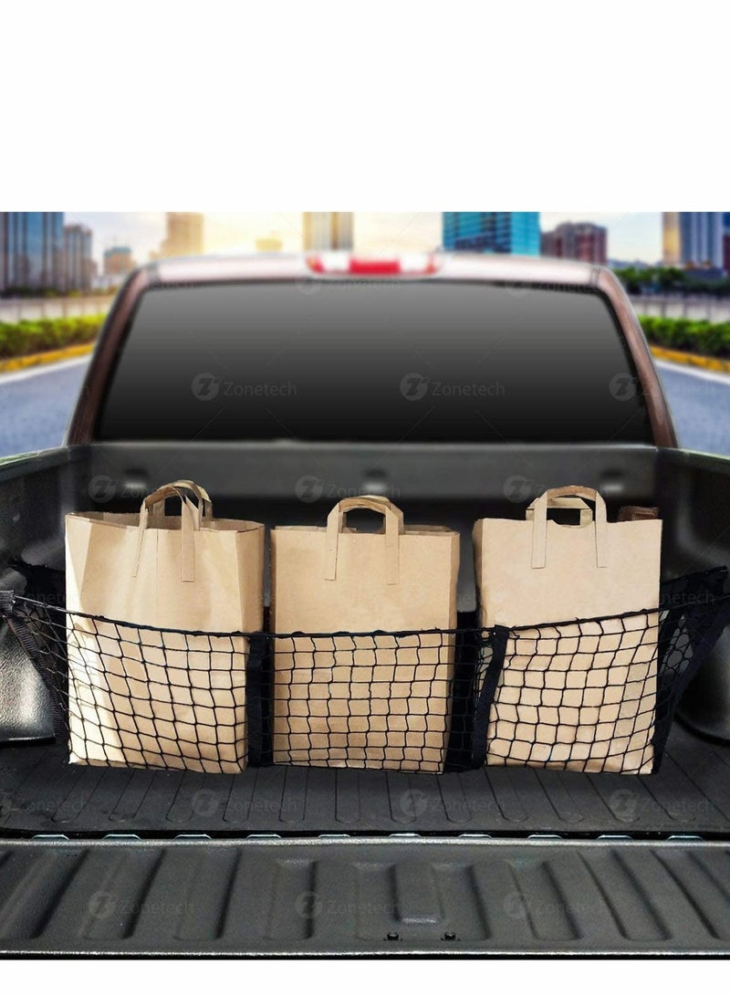 Mesh Storage Net, Three Pocket Black Mesh Trunk Cargo Organizer, Trunk Net for Back of Truck Cargo Organizer, Durable Expandable Mesh Cargo Organizer Storage Net