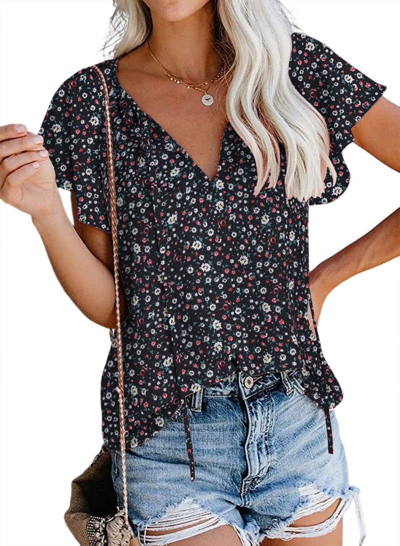 SimpleFun Summer Blouses for Women 2026 Floral V Neck Flare Sleeve Loose Modest Chiffon Tops (Floral8,L) - Image 1
