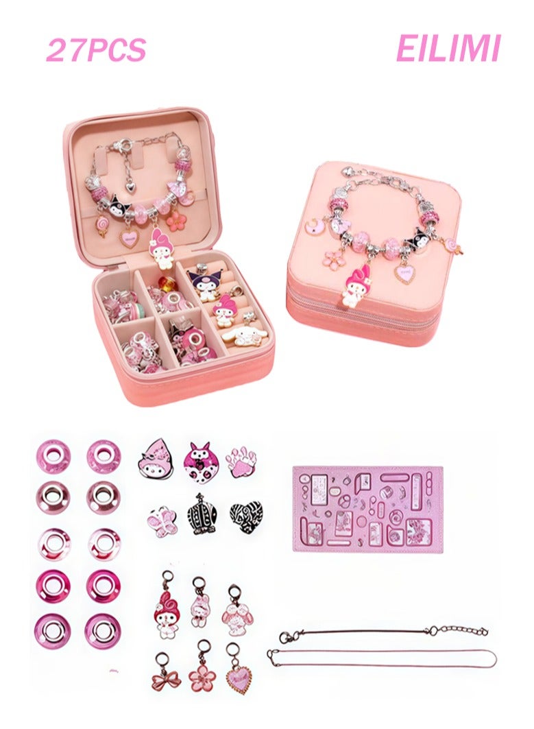 اعاره مجموعة صنع أساور من الخرز مكونة من 27 قطعة، مجموعة صنع مجوهرات من الخرز للفتيات لصنع قلادة بنفسك، هدية للفتيات من سن 7 إلى 14 عامًا مع صندوق مجوهرات - Image 1