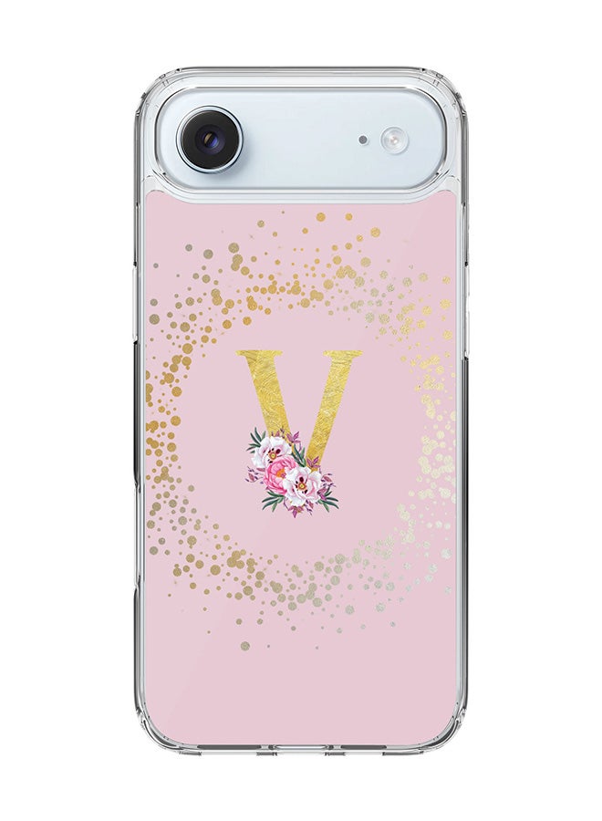 Stylizedd Classic Clear MagSafe Case for iPhone 17 Air , Hybrid Soft Case Flexible Edges Anti Drop TPU PC Gel Thin Transparent Cover [ Designed for iPhone 17 Air ] - Custom Monogram Initial Letter Floral Pattern Alphabet - V  (Pink )