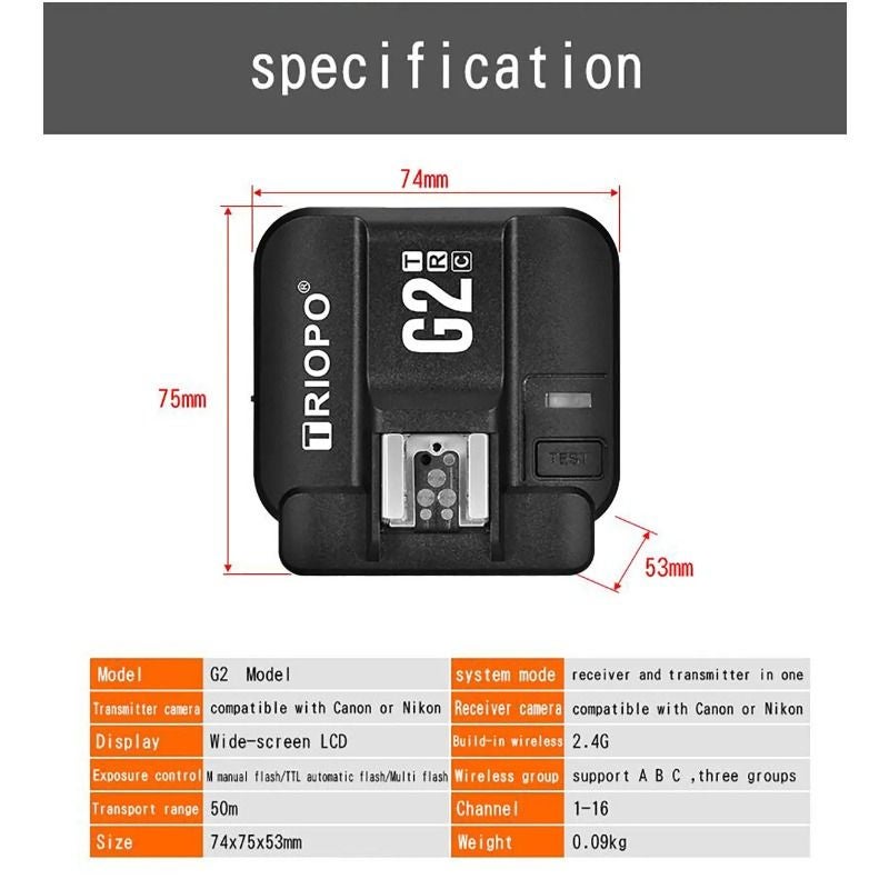 Triopo G2 Wireless Flash Trigger Receiver for Nikon 2.4g TTL for Tr-982iii R1 G1800 Tr-950ii Speedlite - Image 2