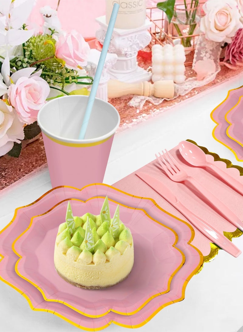 HomarKet 200 Pcs Disposable Paper Plates and Napkins,25 Guest Party Supplies Dinnerware Set Include Polygon Paper Plates Napkin Cup Straw Plastic Spoon Fork Knive for Party,Wedding,Birthday (Pink) - Image 5