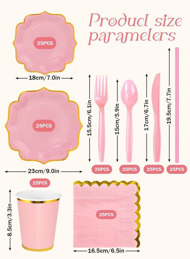 HomarKet 200 Pcs Disposable Paper Plates and Napkins,25 Guest Party Supplies Dinnerware Set Include Polygon Paper Plates Napkin Cup Straw Plastic Spoon Fork Knive for Party,Wedding,Birthday (Pink) - Image 2