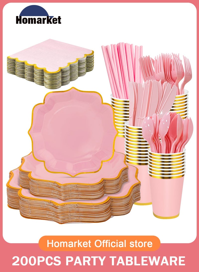 HomarKet 200 Pcs Disposable Paper Plates and Napkins,25 Guest Party Supplies Dinnerware Set Include Polygon Paper Plates Napkin Cup Straw Plastic Spoon Fork Knive for Party,Wedding,Birthday (Pink) - Image 1