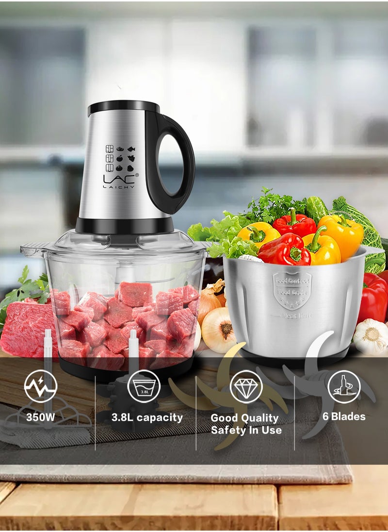 LAC - 3.8L Large Food Processors,Meat Grinder Veggie Chopper with with 2 pieces 16Cup Bowls 350W Electric Food Processors,3 Speed,2 pieces 4 Bi-Level Bladesand Spatula for Baby Food,Meat,Vegetables,Fruits - Image 1