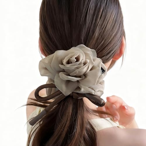 Melodio French Style Organza Flower Bow Scrunchie for Women, Elegant Mesh Hair Tie for Ponytail or Bun, Soft Brown Large Hair Elastic Band for Girls and Ladies - Image 1