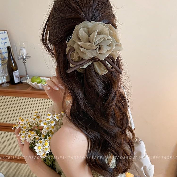 Melodio French Style Organza Flower Bow Scrunchie for Women, Elegant Mesh Hair Tie for Ponytail or Bun, Soft Brown Large Hair Elastic Band for Girls and Ladies - Image 3