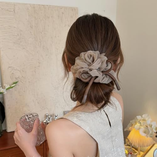 Melodio French Style Organza Flower Bow Scrunchie for Women, Elegant Mesh Hair Tie for Ponytail or Bun, Soft Brown Large Hair Elastic Band for Girls and Ladies - Image 4