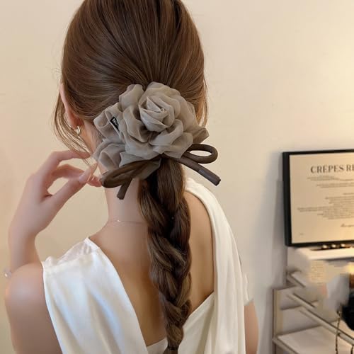 Melodio French Style Organza Flower Bow Scrunchie for Women, Elegant Mesh Hair Tie for Ponytail or Bun, Soft Brown Large Hair Elastic Band for Girls and Ladies - Image 5