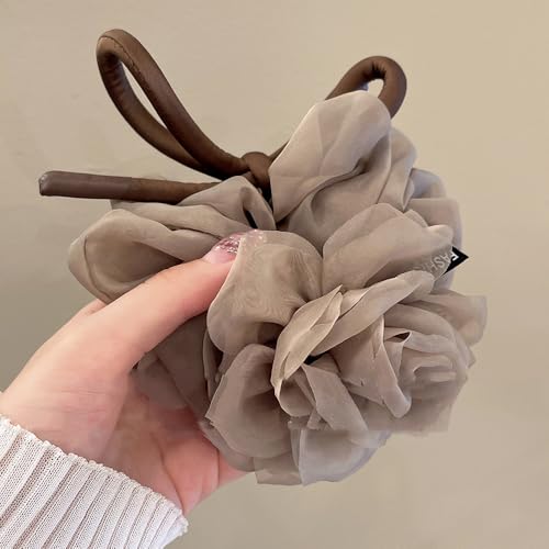 Melodio French Style Organza Flower Bow Scrunchie for Women, Elegant Mesh Hair Tie for Ponytail or Bun, Soft Brown Large Hair Elastic Band for Girls and Ladies - Image 2