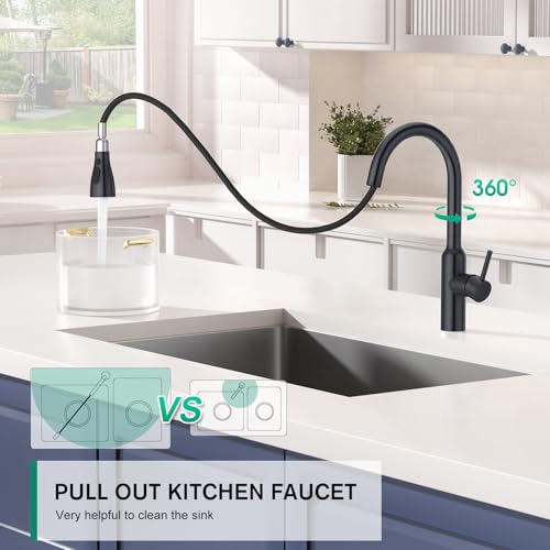 CREA Black Kitchen Faucet Pull Down Kitchen Faucets with Sprayer 3 Modes Uitility Laundry Faucets Single Hole Bar Sink Faucet 360 Swivel High Arc Stainless Steel RV Faucet Matte Black - Image 3
