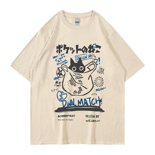 Dynict Unisex Cartoon T-Shirts Harajuku Kawaii Cat Letter Printed Short Sleeve Tees Couple Loose Clothes Y2K Tops (X-Large,Khaki) - Image 1
