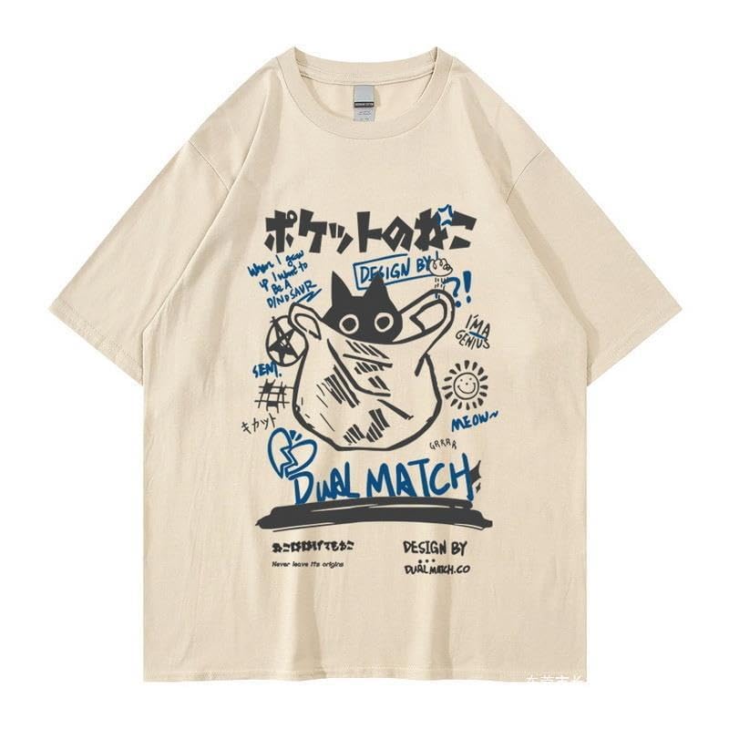 Dynict Unisex Cartoon T-Shirts Harajuku Kawaii Cat Letter Printed Short Sleeve Tees Couple Loose Clothes Y2K Tops (X-Large,Khaki) - Image 2