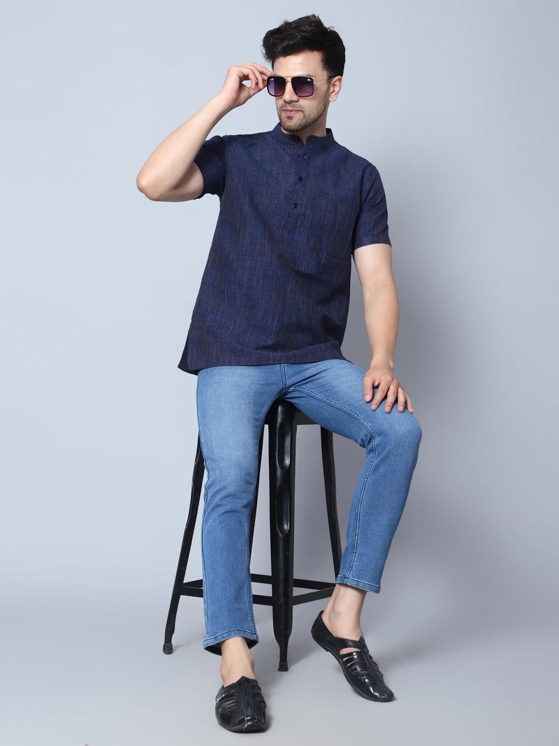 LATEST CHIKAN Men's Cotton Blend Regular Textured Short Kurta Half Sleeves - Casual Ethnic Wear -SK-DBL-RBL-40 Royal Blue - Image 2