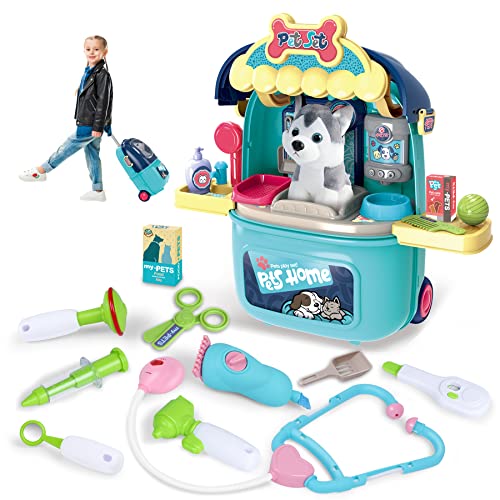 MAGIC4U Pet Cat Care Carrier Suitcase Toy 29PCS Doctor Vet Kit for Kids Pet Dog Grooming Feeding Toys Veterinarian Pretend Play Set Gifts for Boys and Girls Ages 312 - Image 1