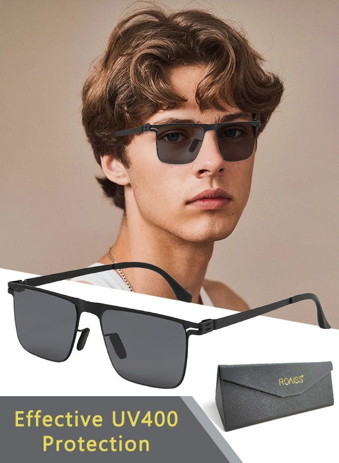 رويس نظارة شمسية مربعة رجالية، نظارة الشمس الواقية من الأشعة فوق البنفسجية 400 بإطار معدني فائق الخفة، ظلال شمس مضادة للوهج عصرية للرجال مناسبة للقيادة وصيد الأسماك والسفر، أسود - Image 1