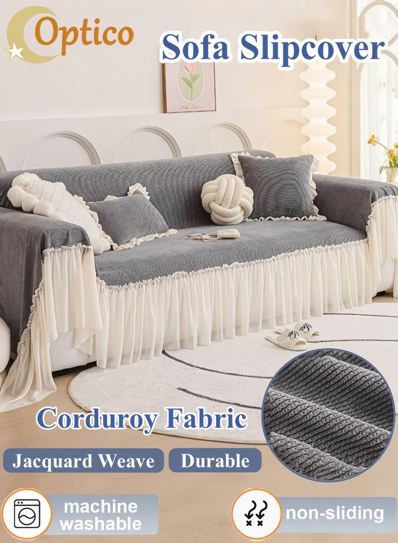 Optico Couch Slipcovers, Non Slip Couch Cover Sofa Cover 3 Seat Slipcover Corduroy Fabric Sofa Throw Cover Furniture Couch Protector Machine Washable with Skirt for 3 Cushion Couch Sofa (Grey, 180 x 340cm)  - Image 1