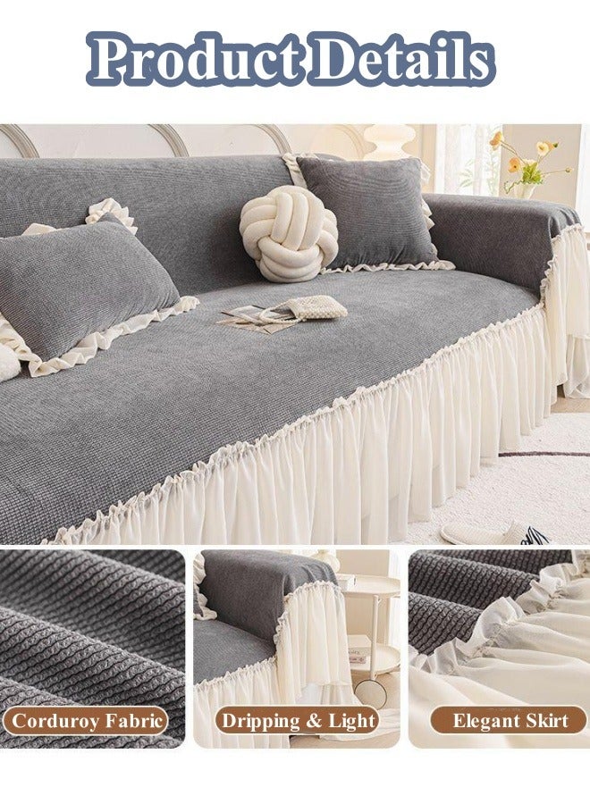 Optico Couch Slipcovers, Non Slip Couch Cover Sofa Cover 3 Seat Slipcover Corduroy Fabric Sofa Throw Cover Furniture Couch Protector Machine Washable with Skirt for 3 Cushion Couch Sofa (Grey, 180 x 340cm)  - Image 2