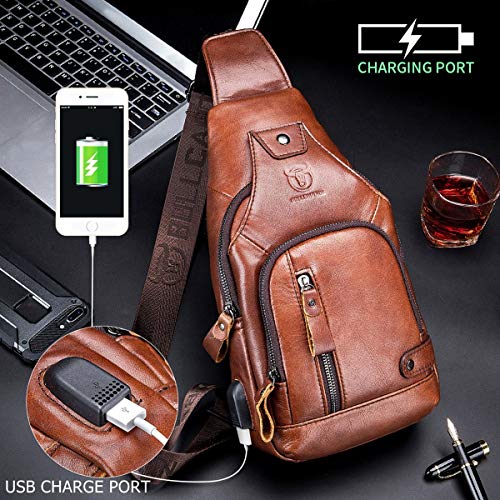 BULLCAPTAIN Genuine Leather Mens Sling Bag Multipurpose Travel Crossbody Chest Bag Daypacks with USB Charging Port (Brown) - Image 3