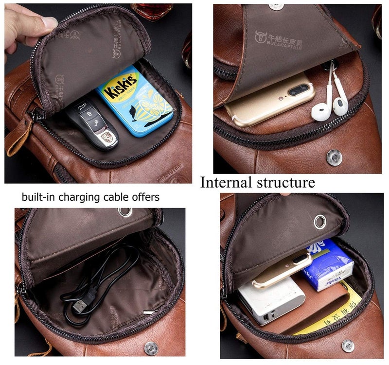 BULLCAPTAIN Genuine Leather Mens Sling Bag Multipurpose Travel Crossbody Chest Bag Daypacks with USB Charging Port (Brown) - Image 5