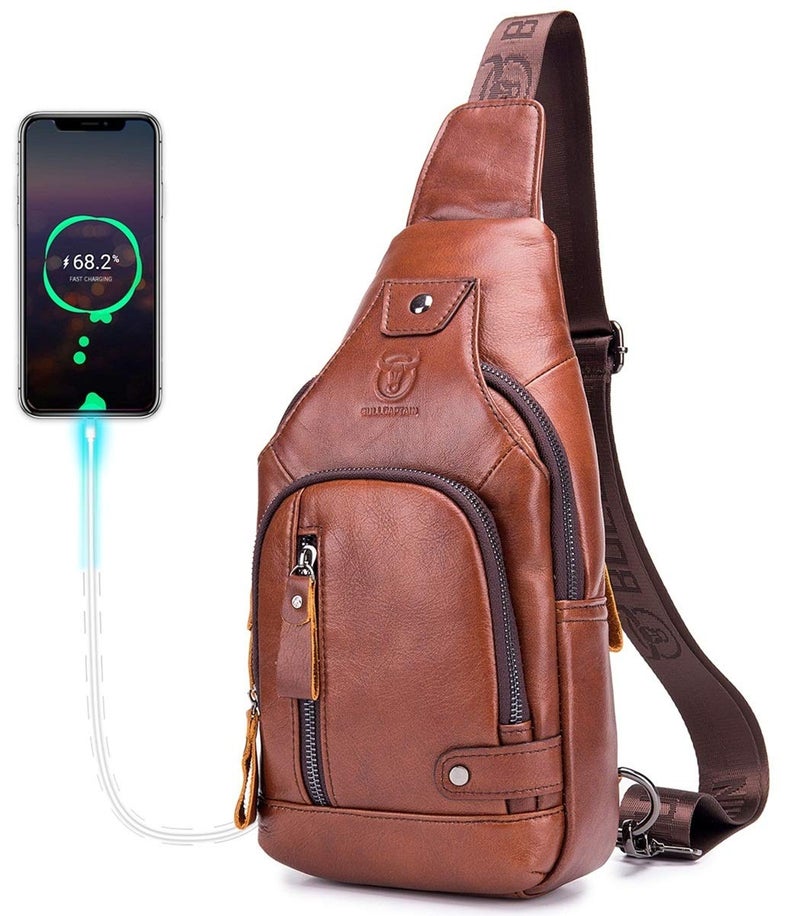 BULLCAPTAIN Genuine Leather Mens Sling Bag Multipurpose Travel Crossbody Chest Bag Daypacks with USB Charging Port (Brown) - Image 1