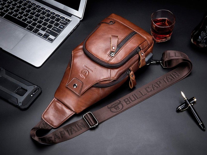 BULLCAPTAIN Genuine Leather Mens Sling Bag Multipurpose Travel Crossbody Chest Bag Daypacks with USB Charging Port (Brown) - Image 4
