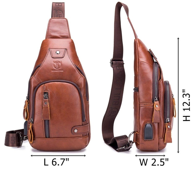 BULLCAPTAIN Genuine Leather Mens Sling Bag Multipurpose Travel Crossbody Chest Bag Daypacks with USB Charging Port (Brown) - Image 2