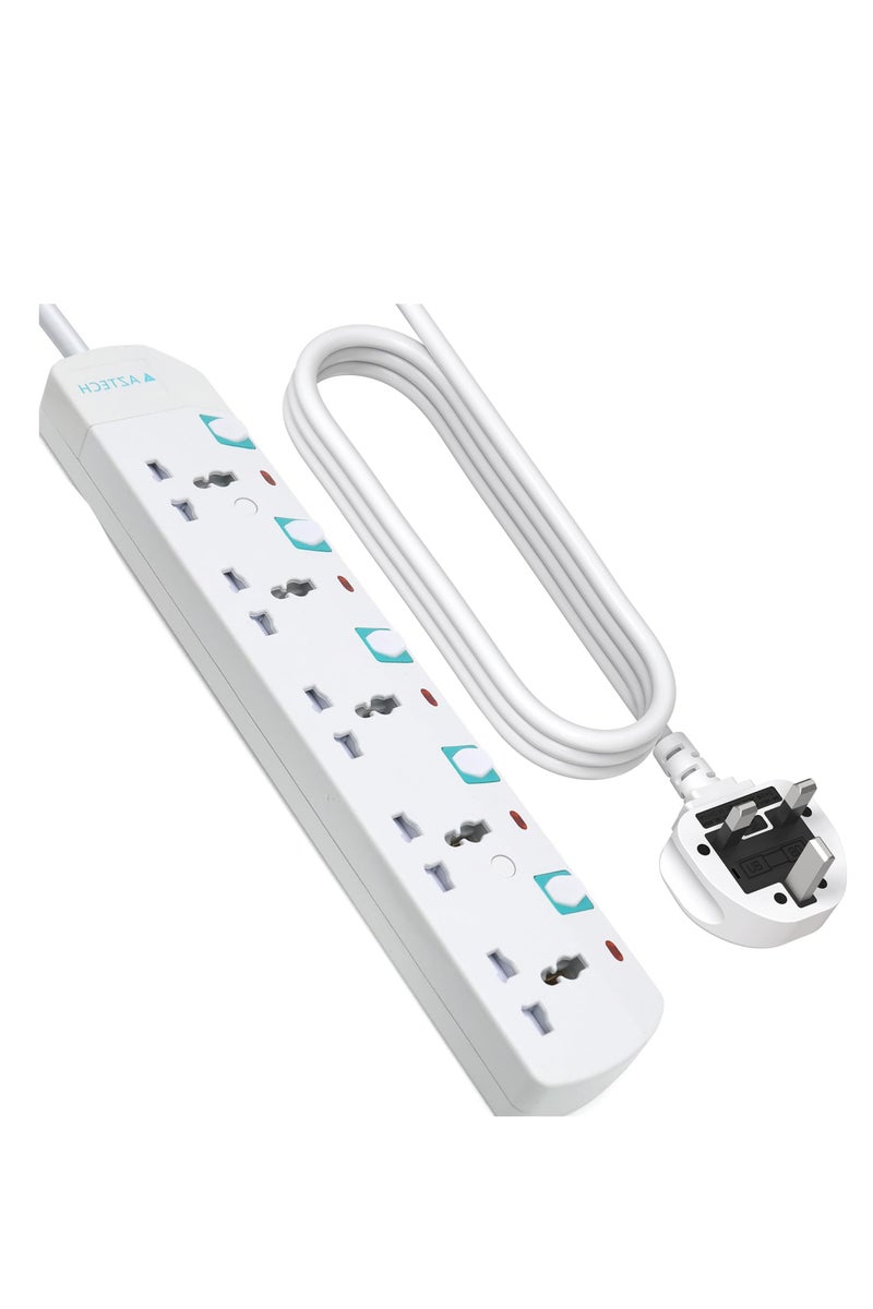 Aztech كابل تمديد كهربائي 5 طرق 5 متر 3250 واط مع 5 مآخذ عالمية ومفاتيح فردية ومؤشرات LED معتمد من ECAS - Image 1
